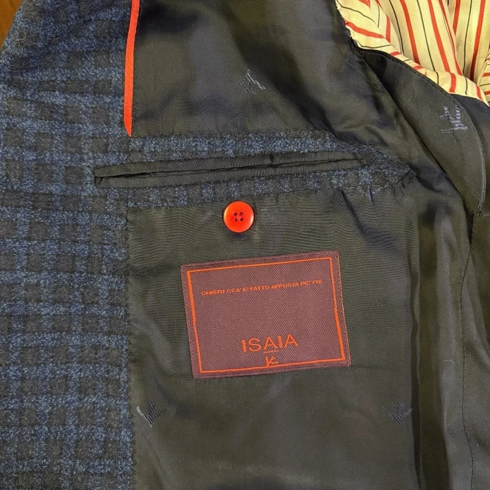 Isaia Napoli Blue Wool Silk Cashmere Check Sport Coat Blazer Made‎ in Italy 52R